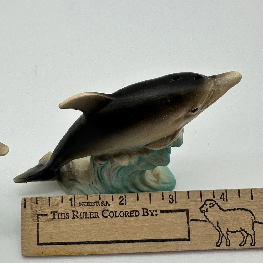 Vintage Dolphin Salt and Pepper Shakers Set Grey Blue Ocean Waves Decor